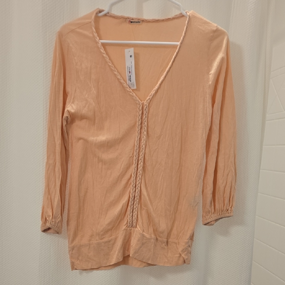 NWT LA Made Elegant Peach V-Neck Blouse With Braided Neckline